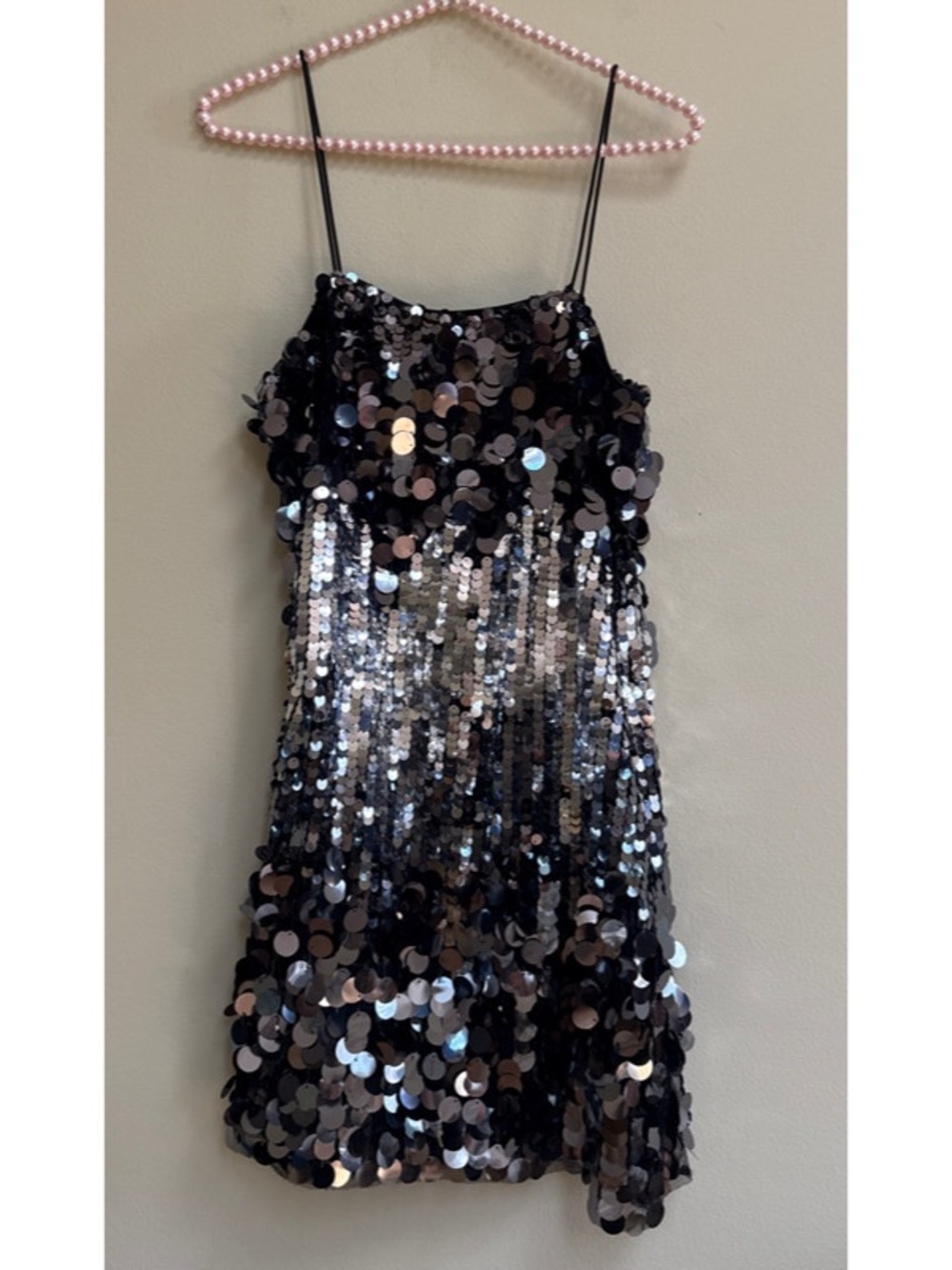 Black & Silver Sequin Mini Dress with Spaghetti Straps - Picture 2 of 6